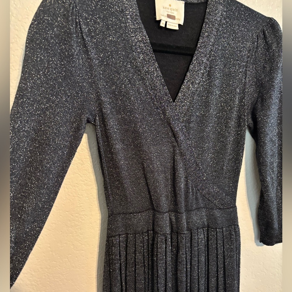 Kate Spade Metallic Dashing Beauty Knit V Neck Pleated Skirt Sweater Dress Sz XS - Picture 8 of 9